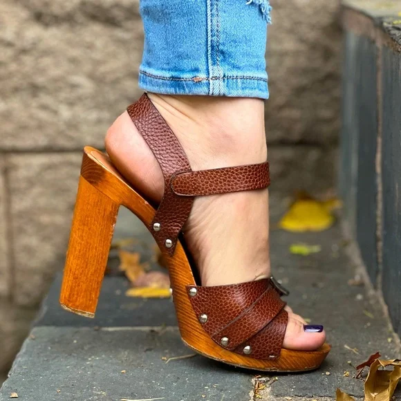 Dolce & Gabbana Cognac brown leather sandals heels with studs western vibe boho - Picture 8 of 11